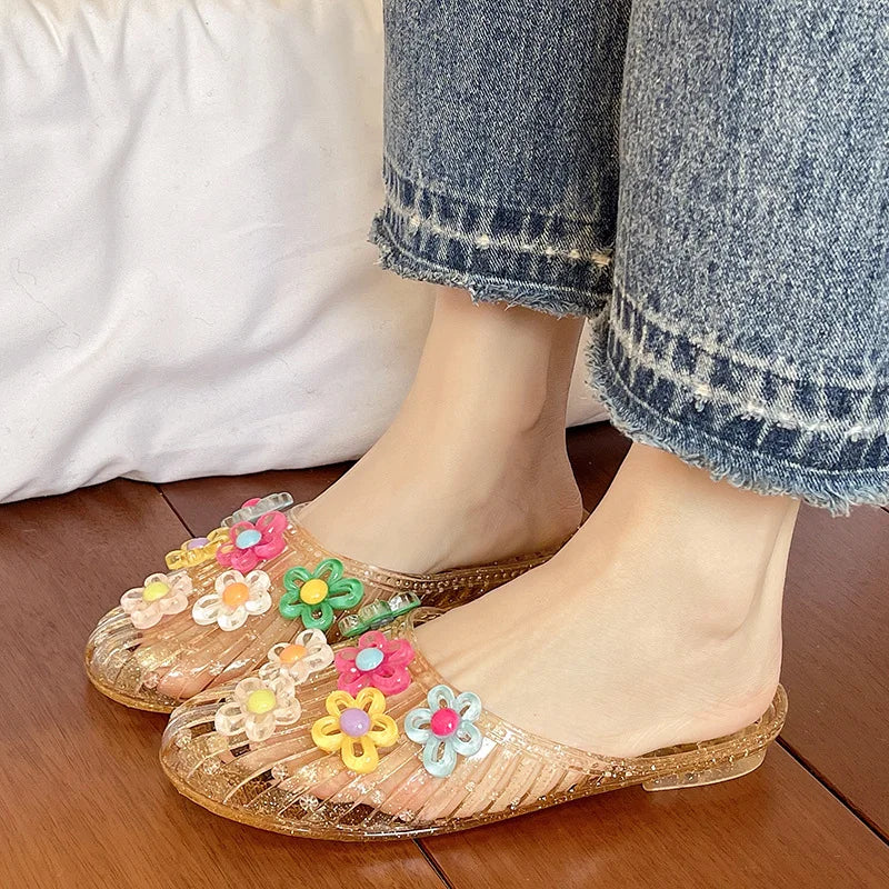 Fashionable Jelly Shoes Women's 2026 Summer Korean Style DIY Colorful Flower Mules Sandals Woman Transparent Crystal Beach Slide