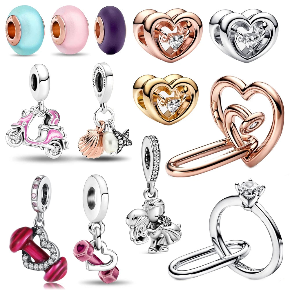 Nostalgic 925 Silver Red Dumbbells&Pink Motorcycles&Natural Pearl Shells&Hearts&Frosted Mura Charm Fit DIY Bracelet Jewelry