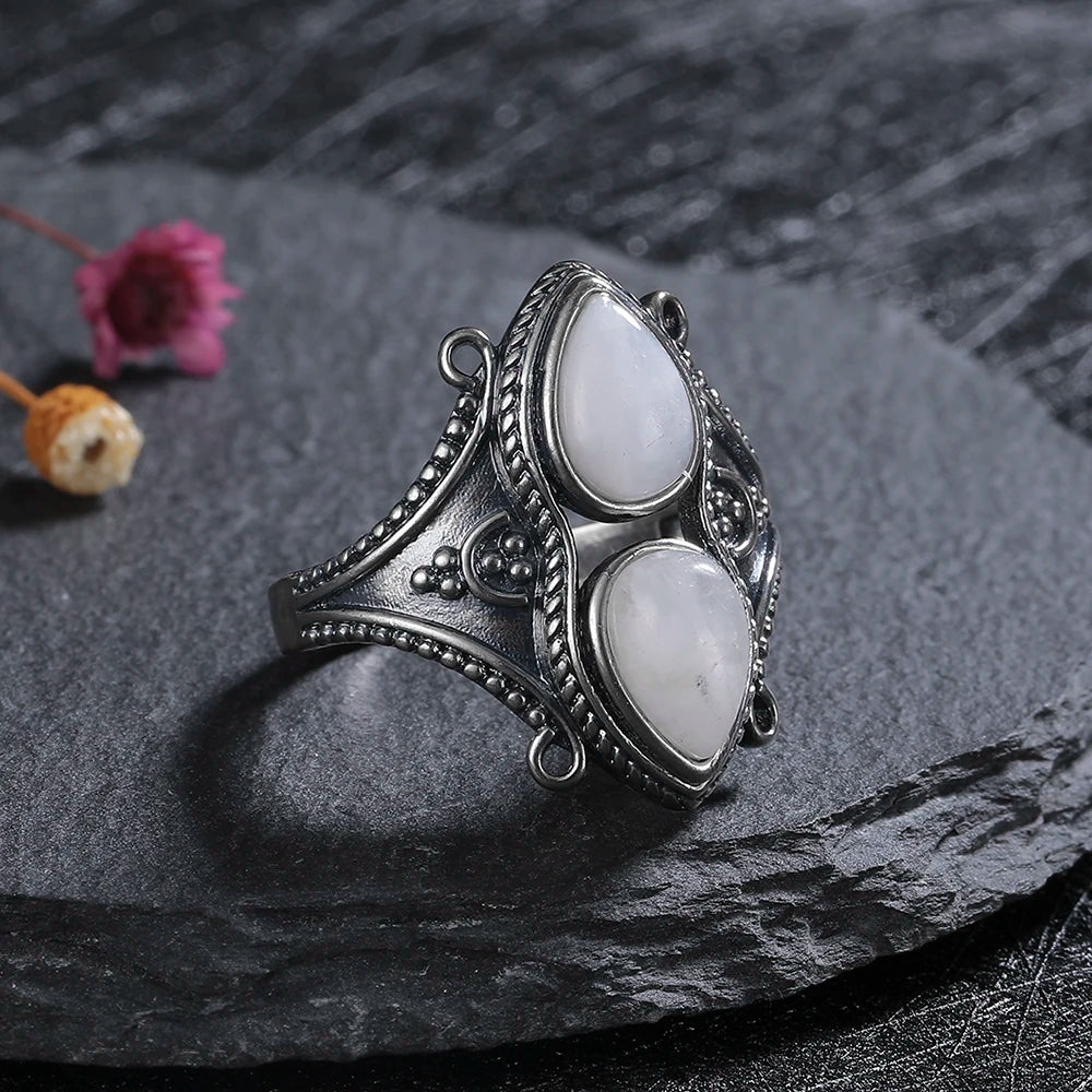 S925 Silver Jewelry Ring Natural Turquoise Moonstone Amethyst Stone Vintage Ring For Women Party Gifts