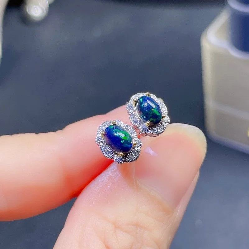 Natural High Quality Black Opal Flower Type Earrings S925 Sterling Silver Fashion Fine Charming Jewelry for Women
