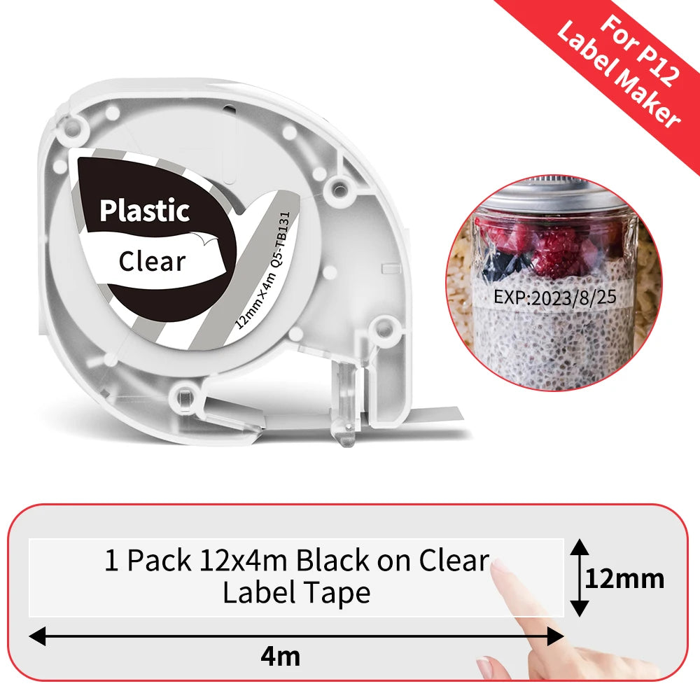 P12 Label Tape Compatible with Dymo LetraTag 200B Refills LT-100H Label Replacement for Phomemo P12 PRO Label Maker 12mm x 4m