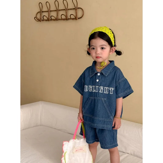 Childrens Summer Denim Set 2026 New Summer Clothes for Girls Loose and Casual Boys Short Sleeved Shorts Baby Clothes