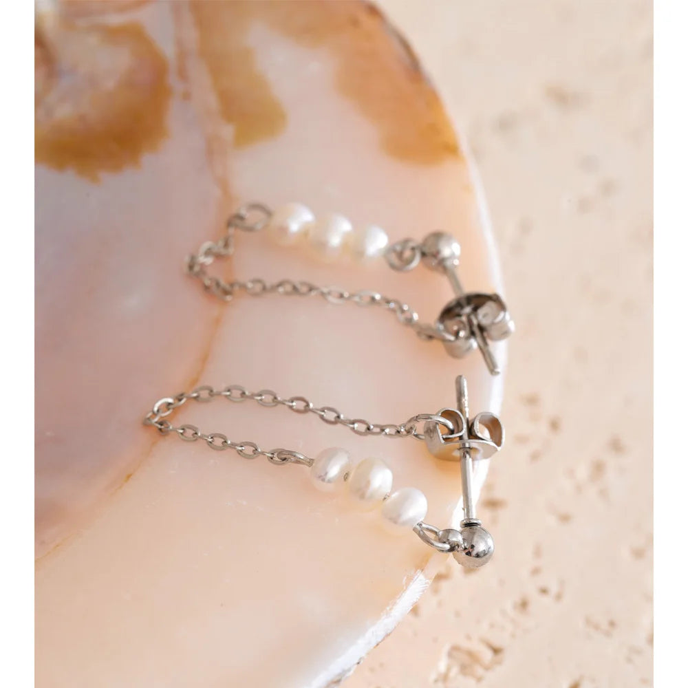 Yhpup 2025 Stainless Steel Natural Pearls Chain Tassel Drop Dangle Earrings for Women Popular Fashion Daily Korean Jewelry