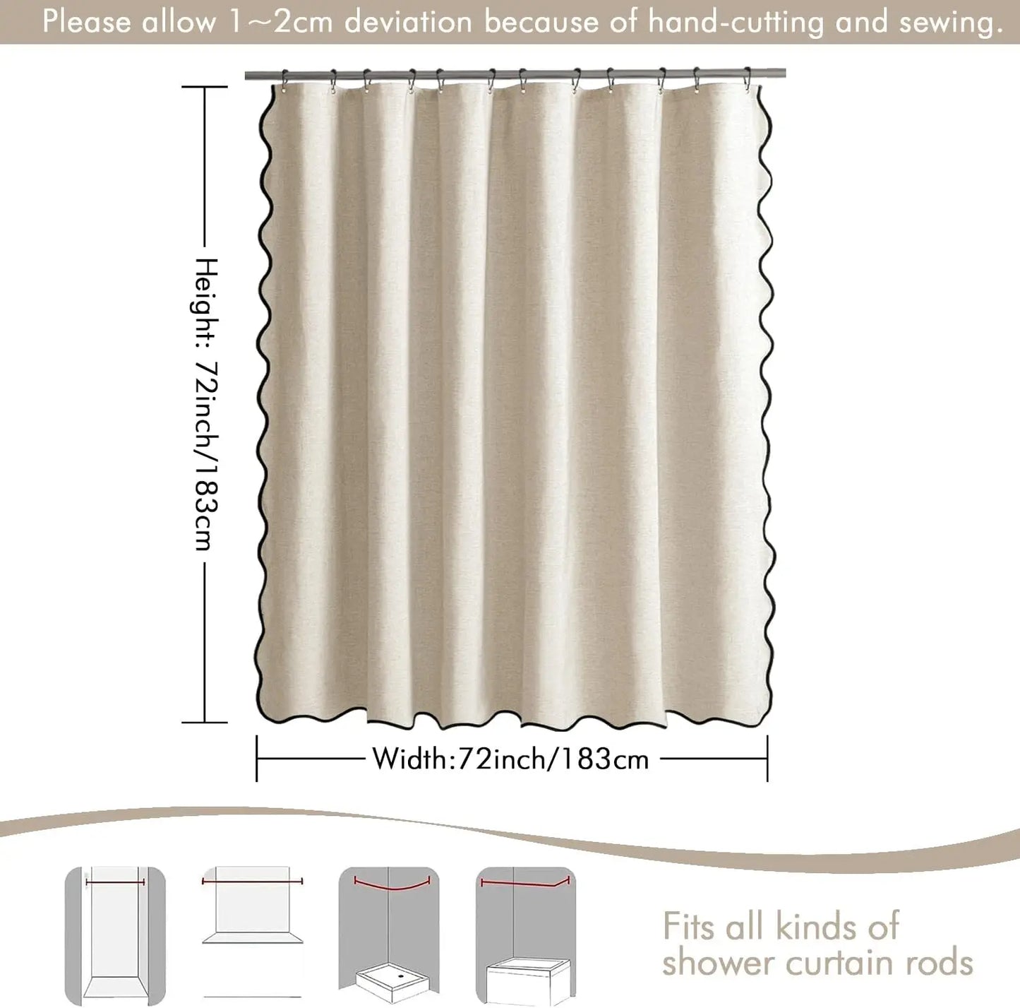 14 Colors Waterproof Shower Curtain with Wavy Edge & Scalloped Design - Quick Drying Splash Resistant Bathroom Decor