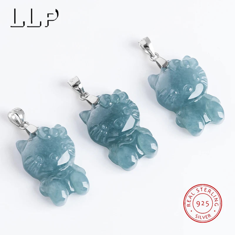 Natural Blue Water Jade Kitty Cat Pendant S925 Silver Clasp Hand Carved Cute Girl Accessory Birthday Gift