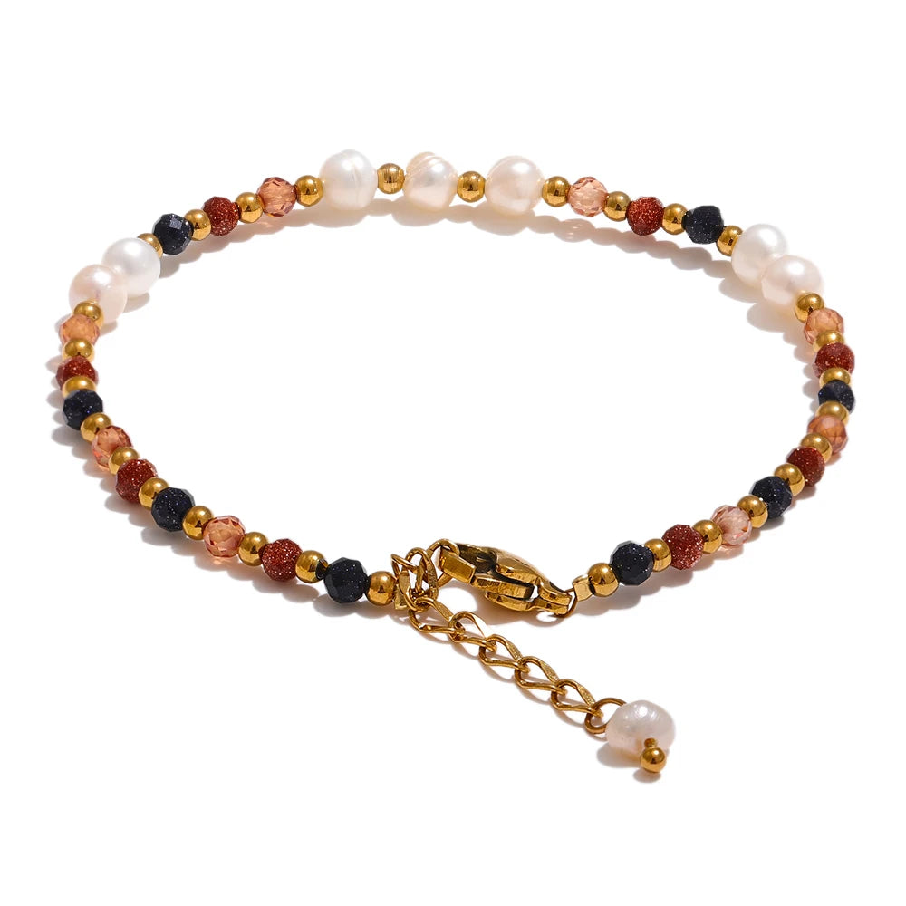 Yhpup Natural Stone Freshwater Pearl  Bead Chain Bling Bracelet Bangle Stainless Steel Handmade Fashion Waterproof Jewelry Women