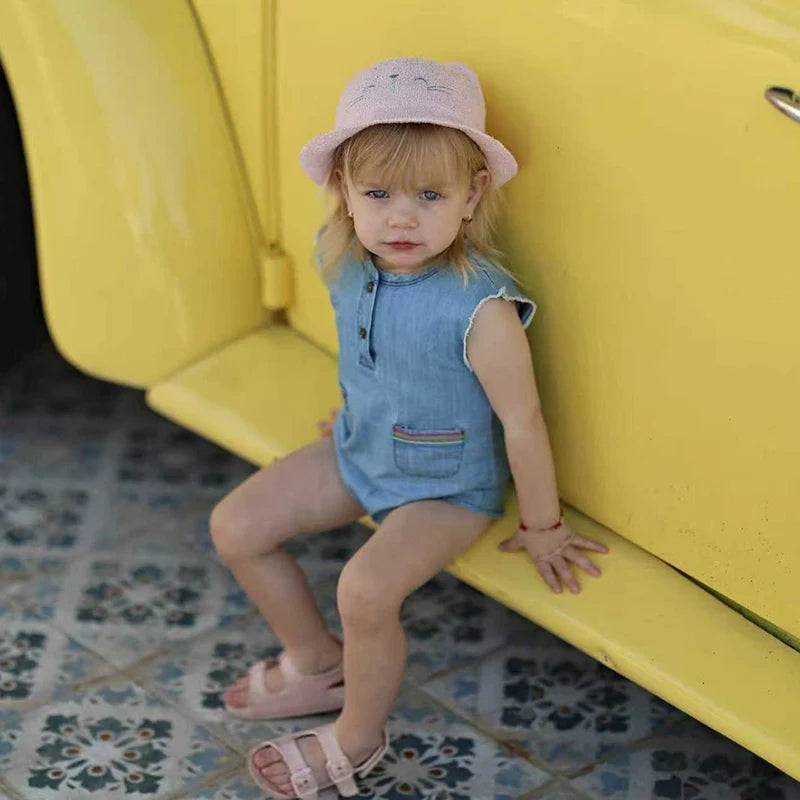 Summer kids clothes denim blue boy and girl dress t-shirt top set baby romper skirt colorful embroidery stripes children outfit