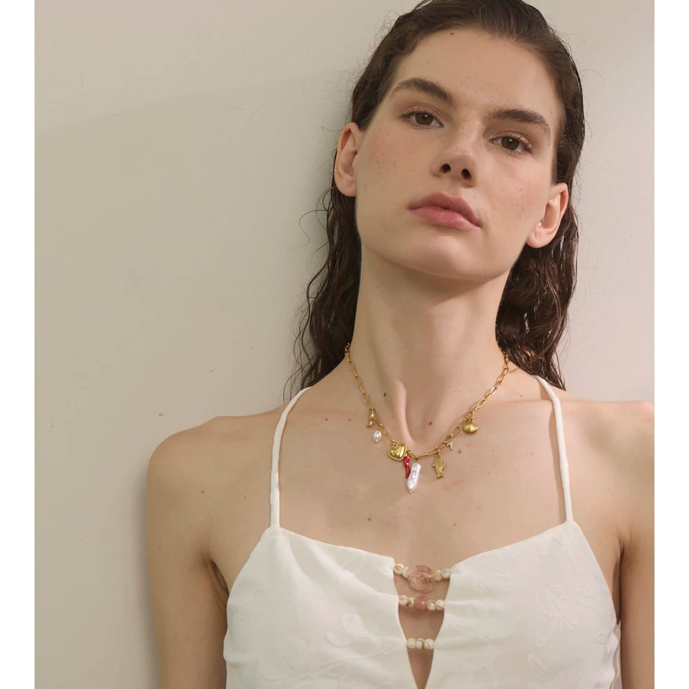 Yhpup Ocean Style Stainless Steel Pearl Shell Starfish Flower Chilli Drop Charm Necklace Golden Plated Handmade Holiday Jewelry