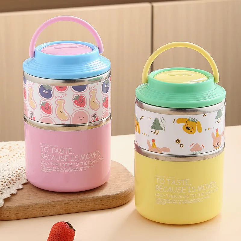 Thermos Bento Box Cartoon Pattern Double Layer Stainless Steel Lunch Box Office Workers Students Portable Thermos Food Container