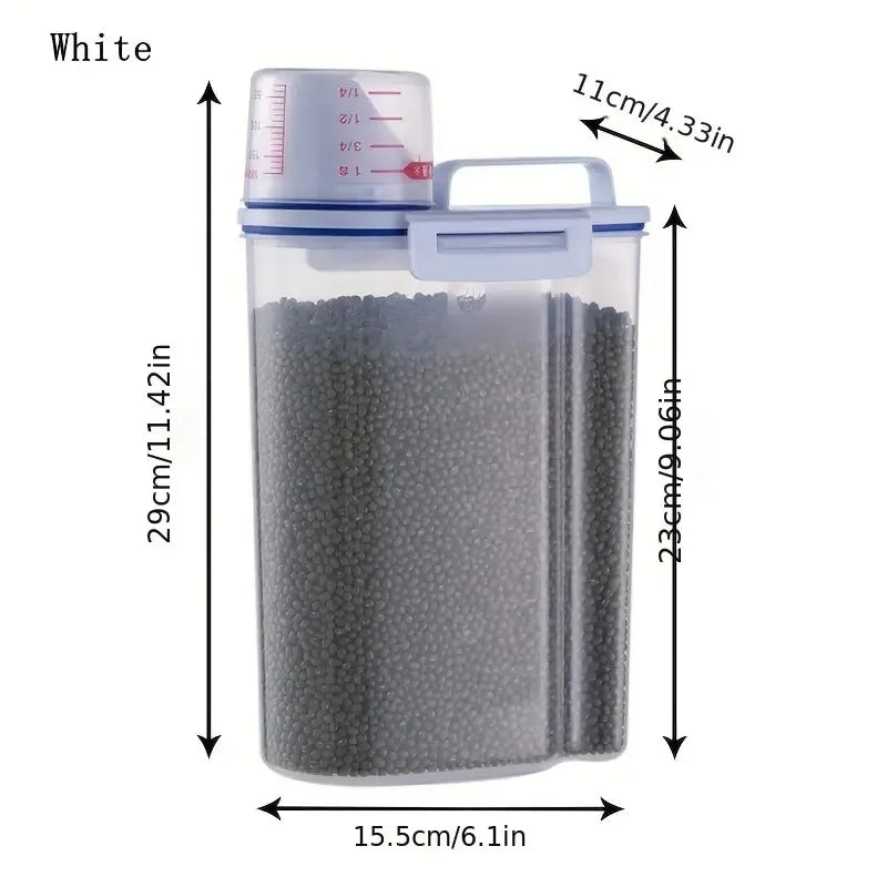 1pc Airtight Pet Food Storage Container, 1.5kg/2kg Plastic Sealed Jar with Measuring Cup for Dog Cat Dry Food Kibble
