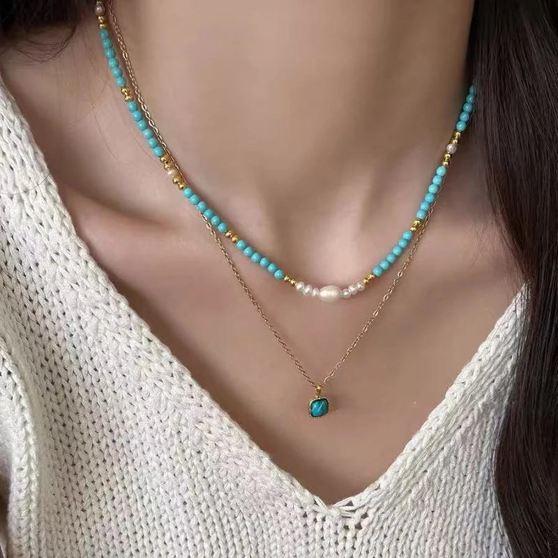 Elegant Double-layer Layered Imitation Turquoise Natural Pearl Beads Necklace Trendy Jewelry For Women's Sexy Collarbone Chain