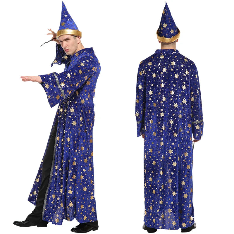 [Halloween Costume for Men and Women] Adult Wizard Cosplay Magician Performance Costume Blue Starry Robe + Pointed Hat Set Stars