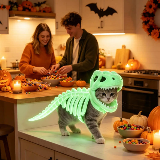 Glow-in-the-Dark Dinosaur Skeleton Pet Costume – Soft Outfit for Cats & Small Dogs, S–M