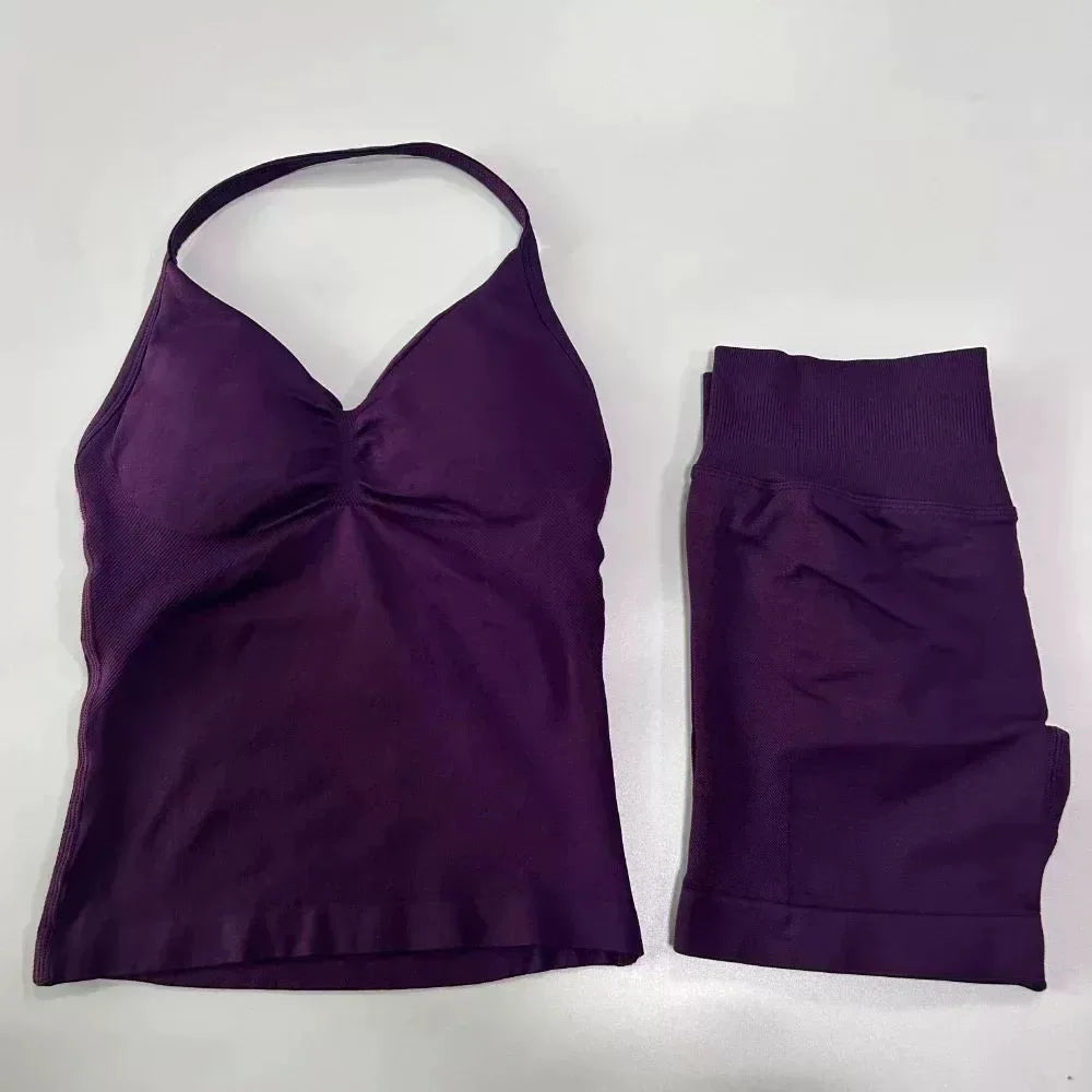 Sexy Halter Neck Beautiful Back High Waist Peach Sports Bras Shorts Suit Pilates Gathering Yoga Vest Training Fitness Bra Sets