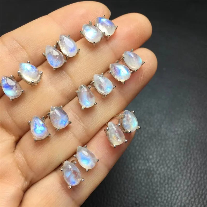 S925 Natural Blue Moon Stone Drop Shape Stud Earrings For Women Charms Handmade Fortune Energy Amulet Jewelry Gift 1pair
