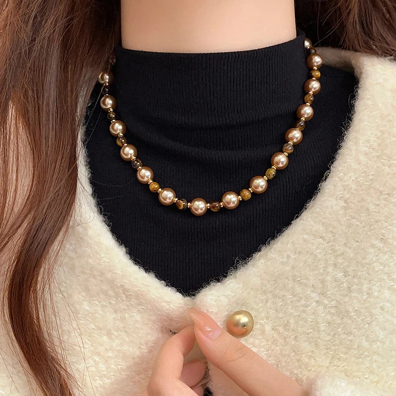 Maillard Natural Tiger's-eye Champagne Pearl Bead Necklace For 2024 Fashion Jewelry Women's Sexy Sweater Chain Neck Accessories