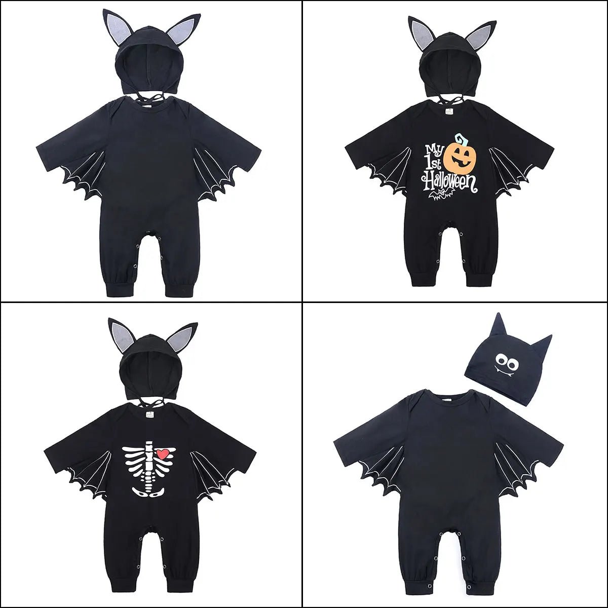 Halloween Costume for Baby Black Bat Romper Jumpsuit Infant Boys Girls Eyes Face Hat Purim Party Carnival Fancy Dress Cosplay