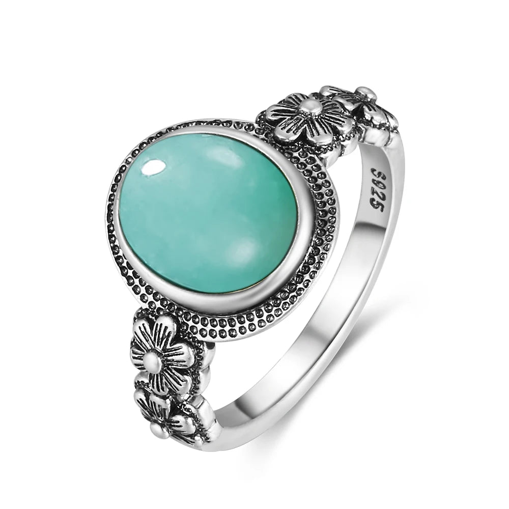 Vintage S925 Sterling Silver Rose Flower Ring With Oval 8*10mm Natural Moonstone Sweet Ring Fine Jewelry For Woman