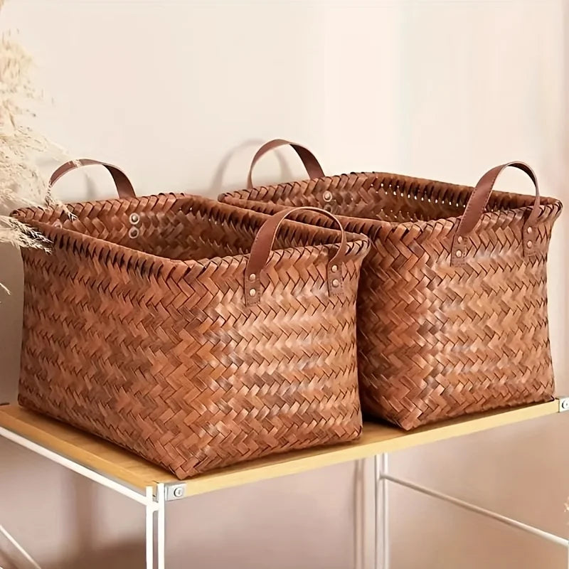 2pcs Handwoven Plastic Storage Baskets with Leather Handles-Durable, Stackable Organizer for Kitchen, Bathroom, Bedroom & Dorm
