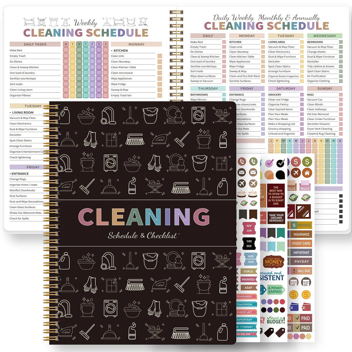 Cleaning Planner Spiral Notebook A5 Weekly Monthly Cleaning Schedule Deep Clean Checklist Household Organizer with Stickers