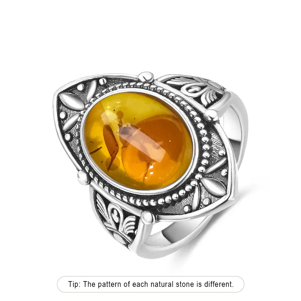 Certified Sterling Silver 925 Petal Amber Ring with Yellow Oval Natural Stone Ring Flower Jewelry Vintage Rings for Women Men