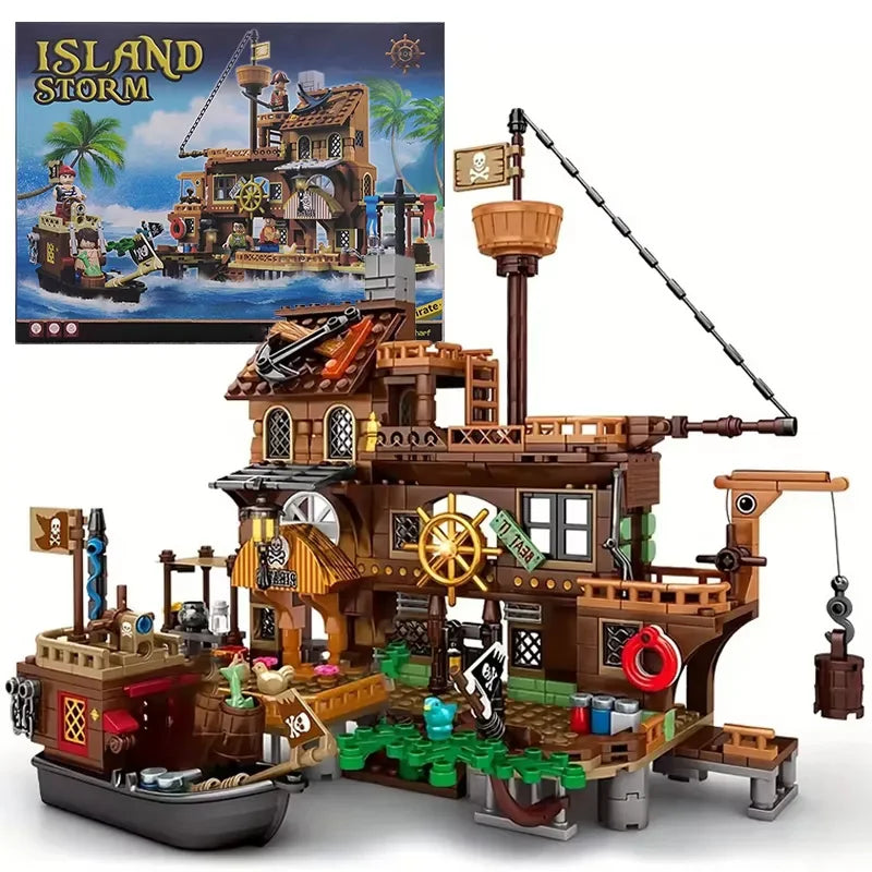 Creative Medieval Pirate Island Fortress Castle Building Blocks Adventure Ship Log Cabin Model Boat Assemble Bricks Toys Gifts