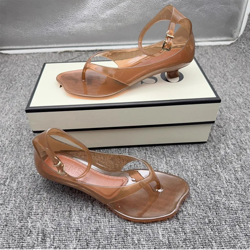 Summer Women's Low Heel Herringbone Sandals Vacation Style Crystal Jelly Beach Shoes Fashion Comfortable Buckle Flip Flops Shoe
