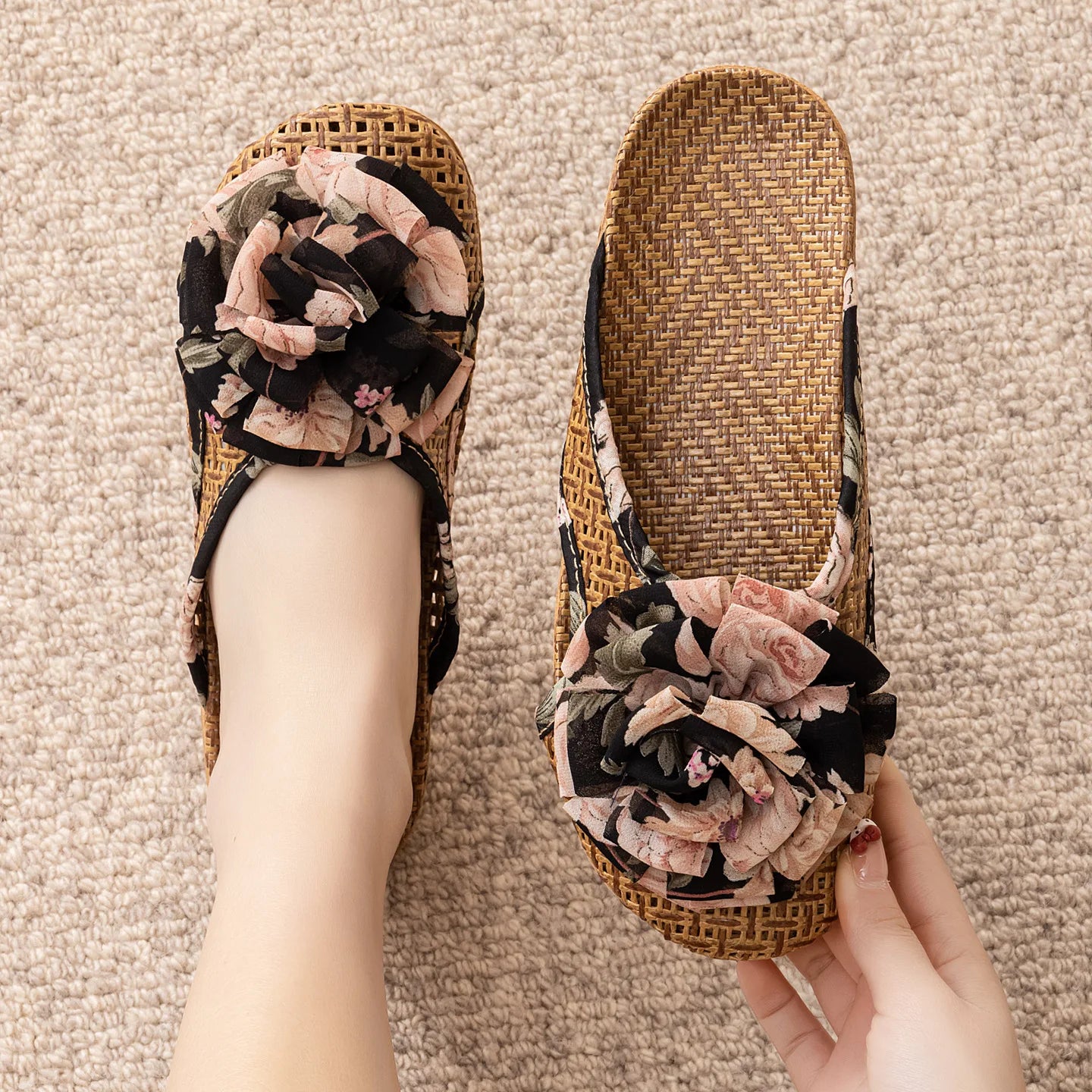 Women's Summer Slippers, Rattan Floor Slippers, Home Cooling Slippers, Indoor Bamboo Woven Slippers, Non-Slip Household Slippers
