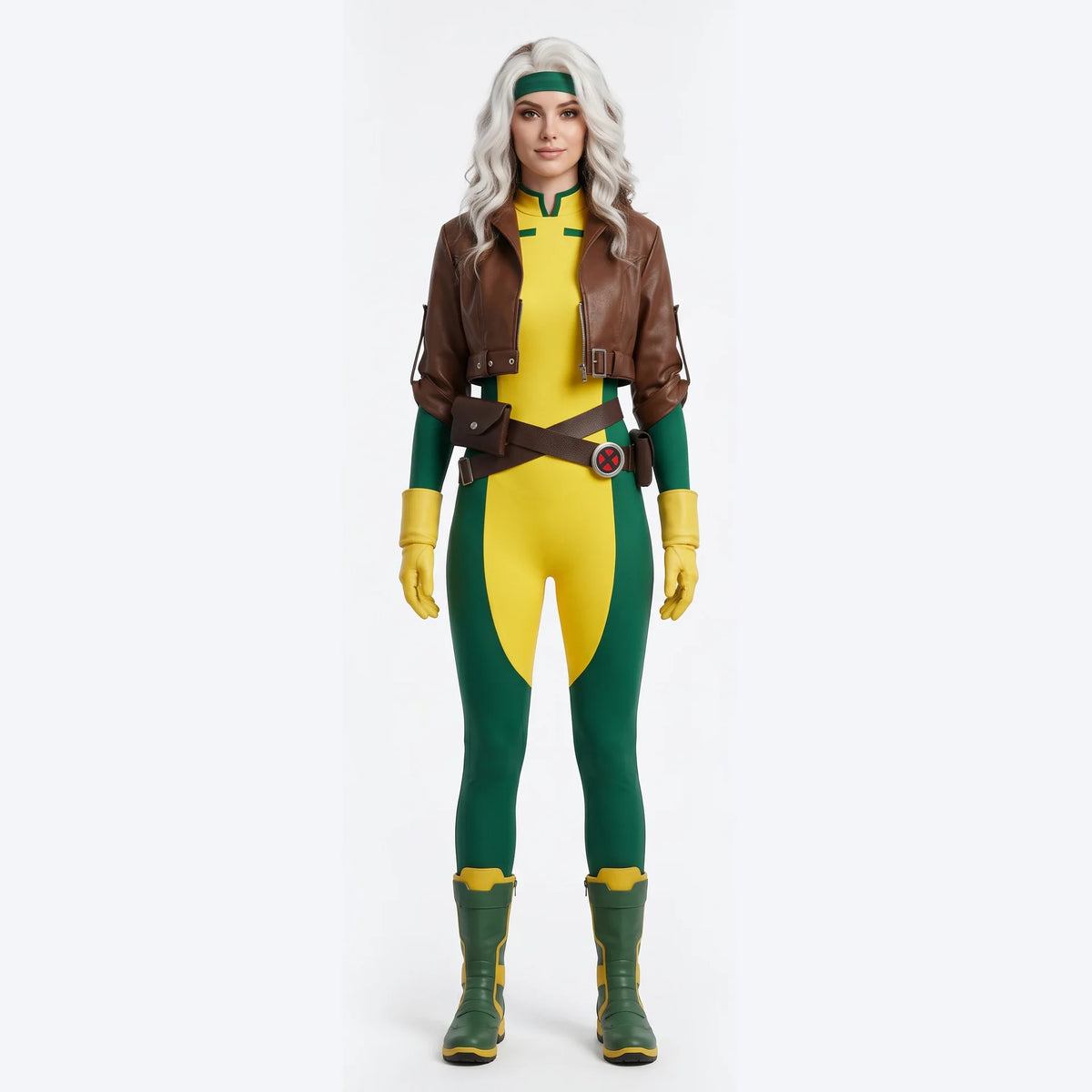 X-Men Rogue Cosplay Costume Adult Women Superhero Bodysuit Yellow Jumpsuit Brown Jacket Halloween Carnival Comic Con Outfit