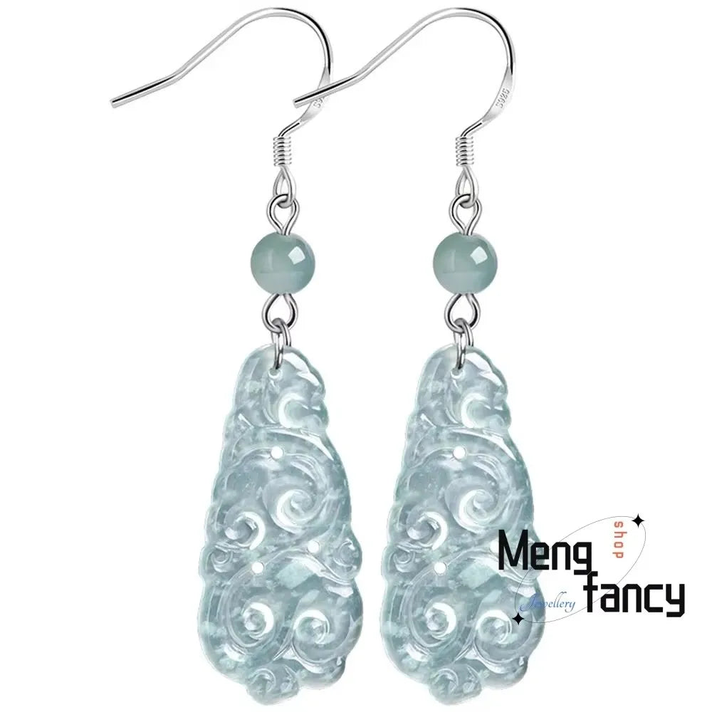 Natural A-goods Jadeite Blue Water Ruyi S925 Silver Inlaid Ice Jade Earrings Exquisite Elegant Simple High-grade Fashion Jewelry