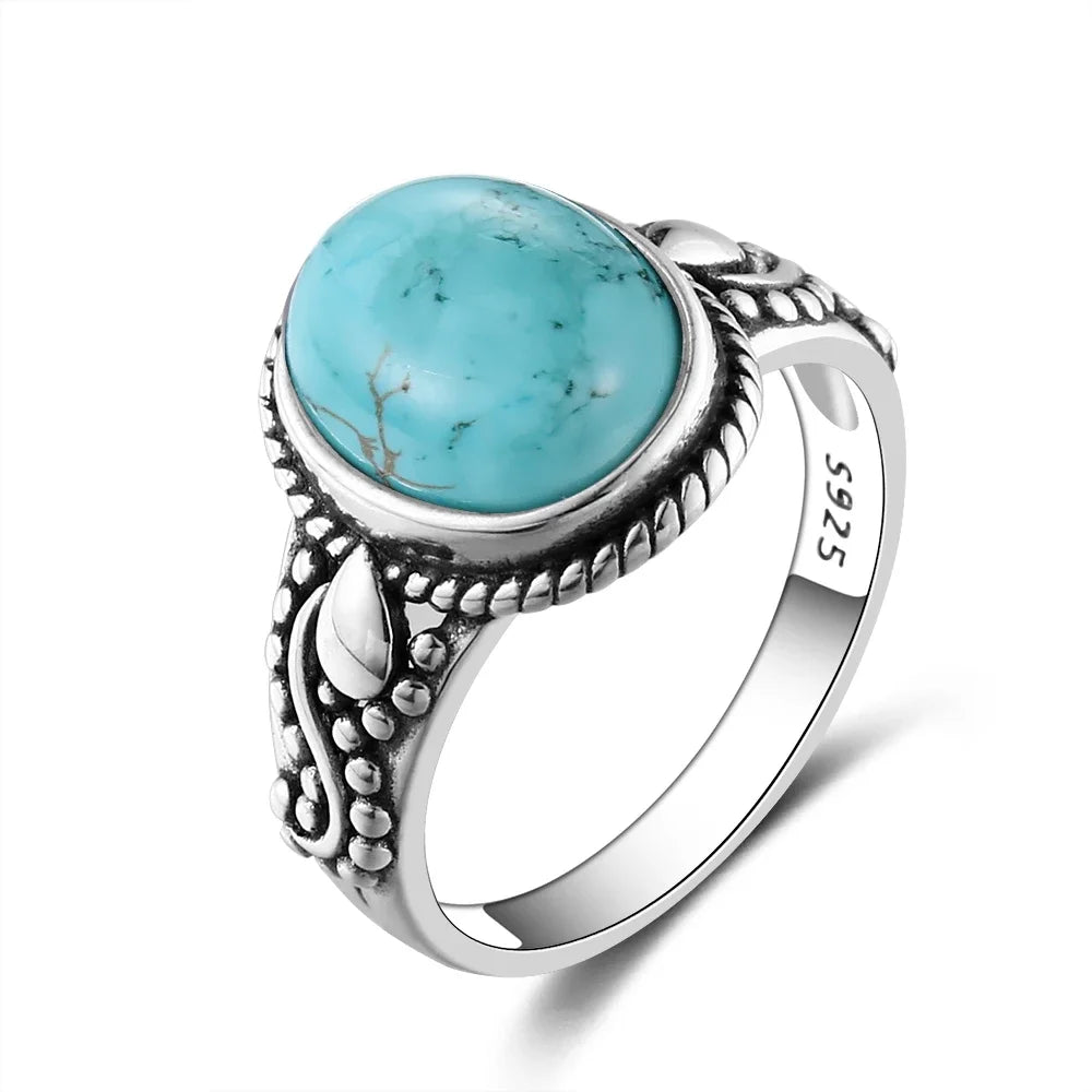 S925 Silver Oval Natural Turquoise Rings for Men Women Silver Fine Jewelry