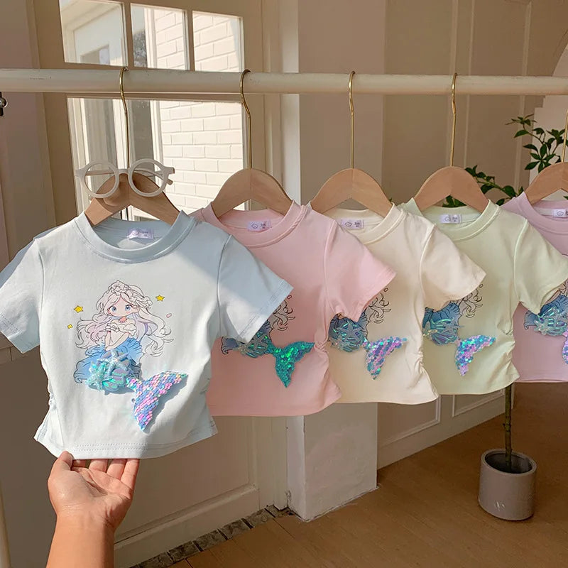 2-10T Mermaid Girls T Shirt Summer Toddler Kid Baby Clothes Short Sleeve Infant Princess Tee Top Loose Childrens Tshirt Outfit
