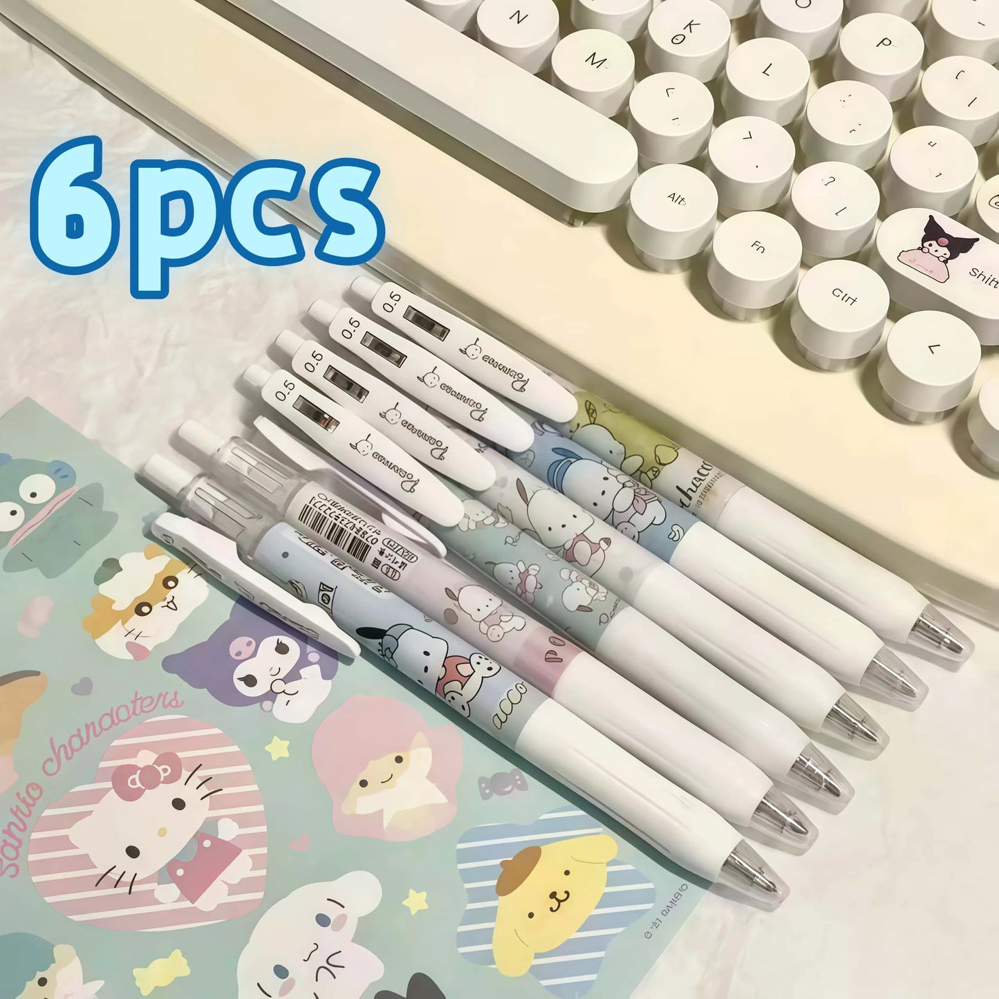 6Pcs/Pack Kawaii Sanrio Pochacco Gel Pens, Cute Cartoon Retractable Pens for Writing, Journal & Office Supplies