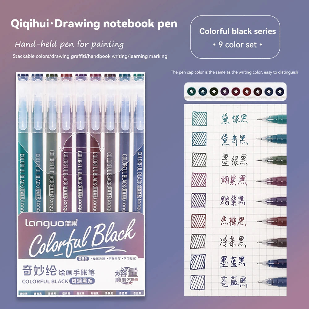 Languo Gel Pen Large Capacity Handbook Pens 6/9Pcs 0.6mm Student Art Diy Doodling Drawing Markers Office Kawaii Art Stationery