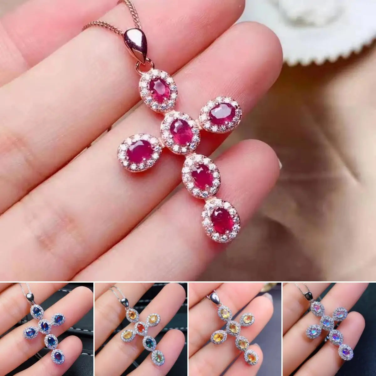 FS 3*4 Natural Ruby/Emerald/Sapphire/Citrine Cross Pendants S925 Sterling Silver Fine Fashion Charm Weddings Jewelry for Women