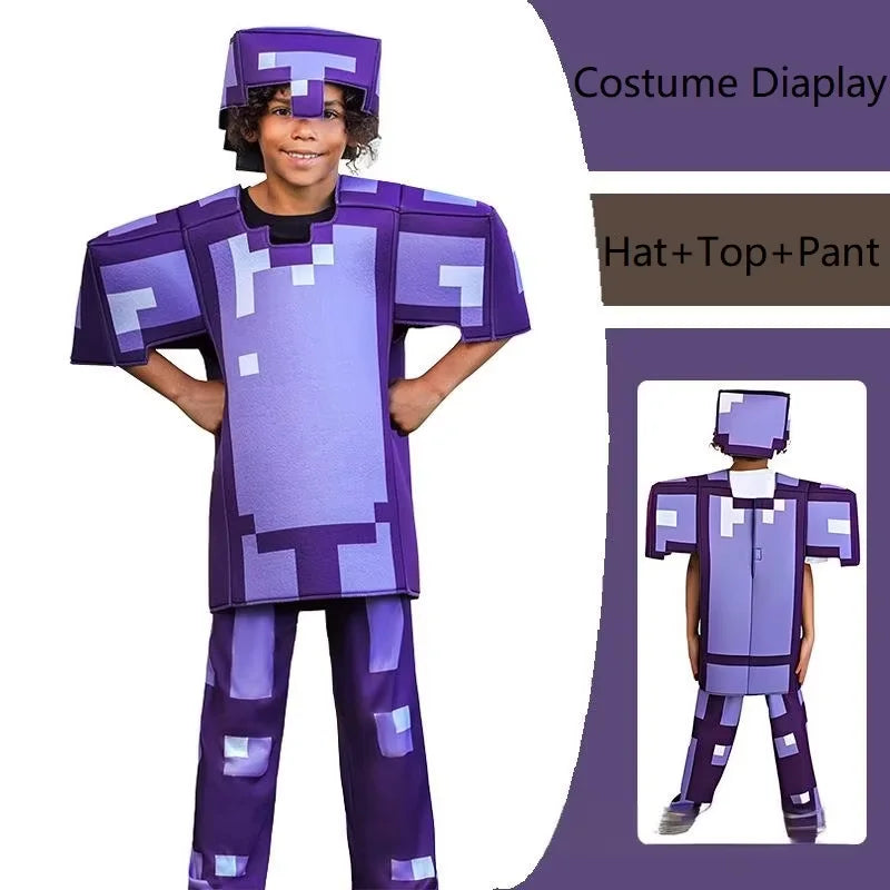 NEW Kids Cosplay Diamond Armor Game Character Steve Cosplay Costumes 3 Pieces Set Outfits Dress Up Set for Halloween Party