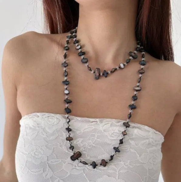Bohemian Vintage Irregular Natural Stone Necklace for Women Handmade Crystal Beads Double Layer Long Sweater Chain Jewelry Gift