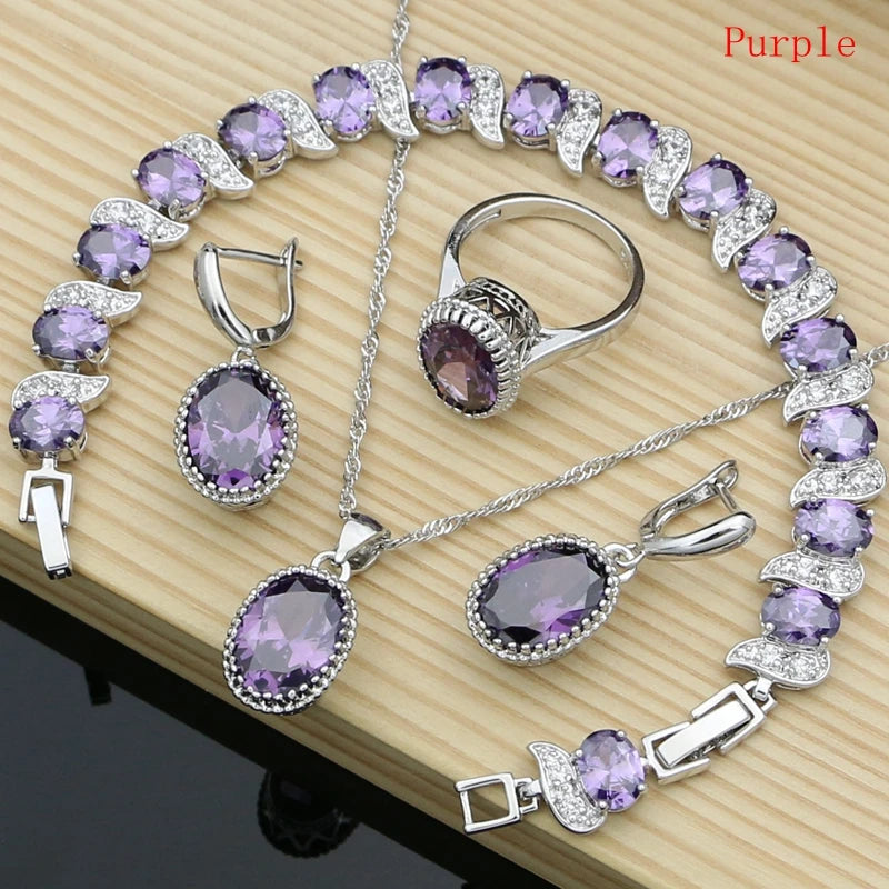 Natural 925 Silver Jewelry Red Birthstone Charm Jewelry Sets Women Earrings/Pendant/Necklace/Ring/Bracelets T055