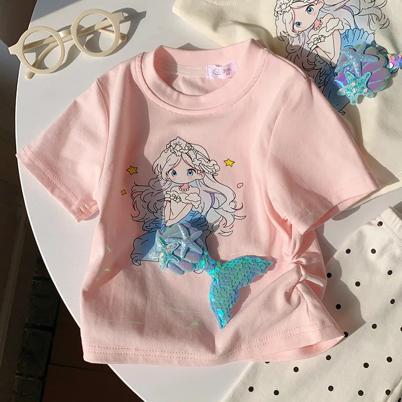 2-10T Mermaid Girls T Shirt Summer Toddler Kid Baby Clothes Short Sleeve Infant Princess Tee Top Loose Childrens Tshirt Outfit