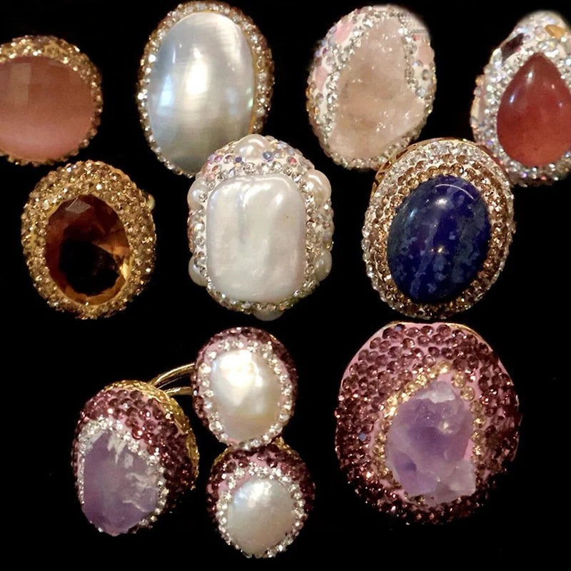 Natural Amethyst Freshwater Pearl Finger Rings Handmade Rhinestone Quartz Sudan Stone Jewelry for Women Mix Design Gemstone