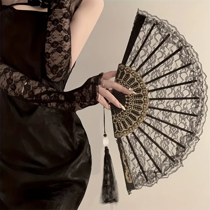 Vintage Chinese Lace Fan - Floral Pattern Black & Golden Tassel Handheld Cooling Fan, Photo Props, Summer Fashion Accessory