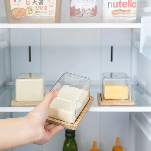 Nordic Countertop Bamboo Butter Dish Plate with Transparent Acrylic Lid Kitchen Storage Butter Container Box Butter Tableware