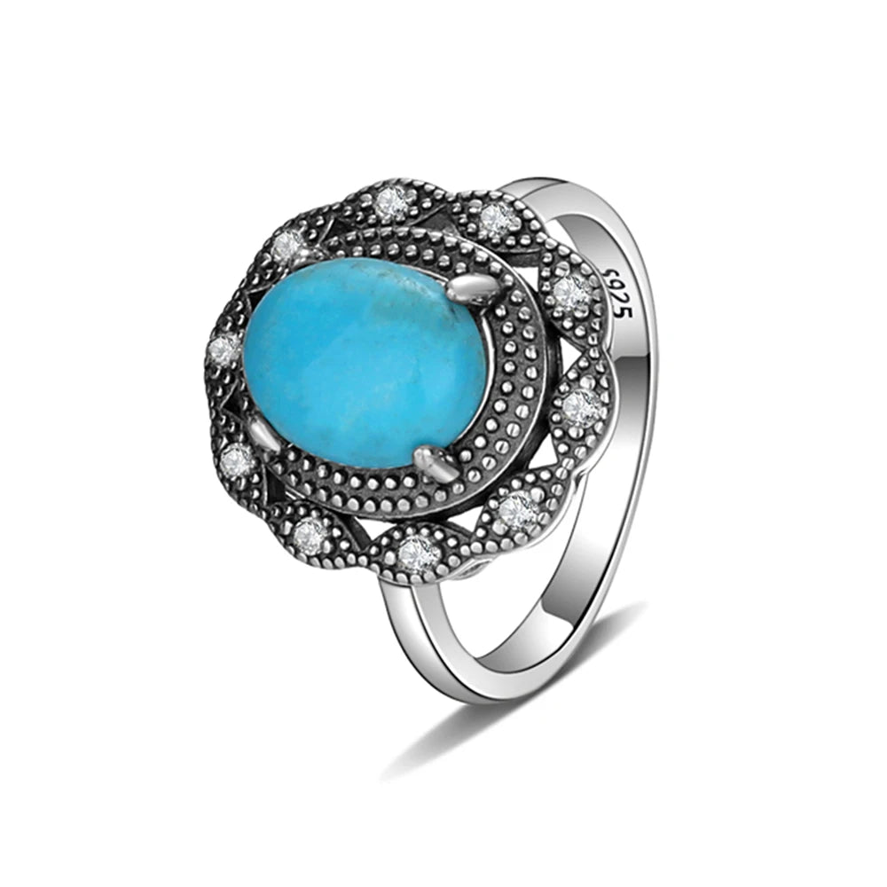 S925 Silver Oval Natural Turquoise Rings for Men Women Silver Fine Jewelry