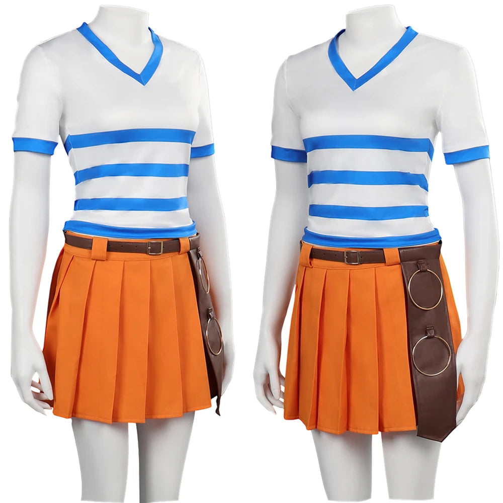Nami Cosplay Adult Kids Costume Anime Live Action TV Pirate Roleplay Outfits Women Tops Skirt Socking Headscarf  Halloween Suit