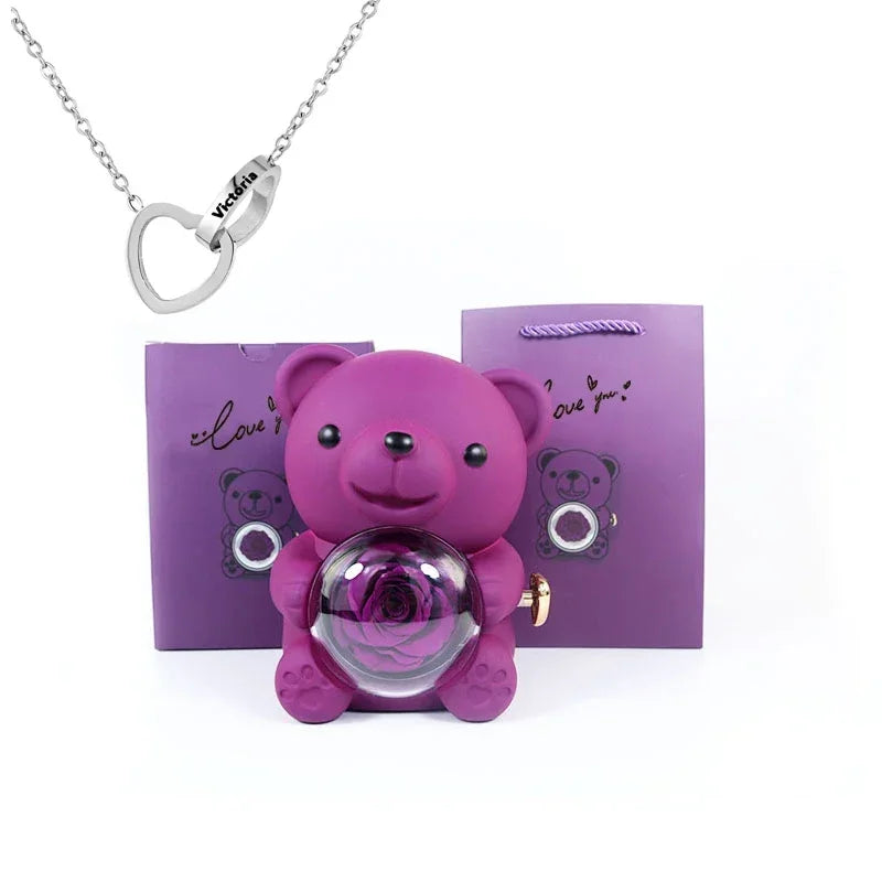 Mini Delicate Heart Engraved Necklace Lovely Bear Jewelry Boxes Valentine's Day Mother Day Birthday Gift Paper Bag Set