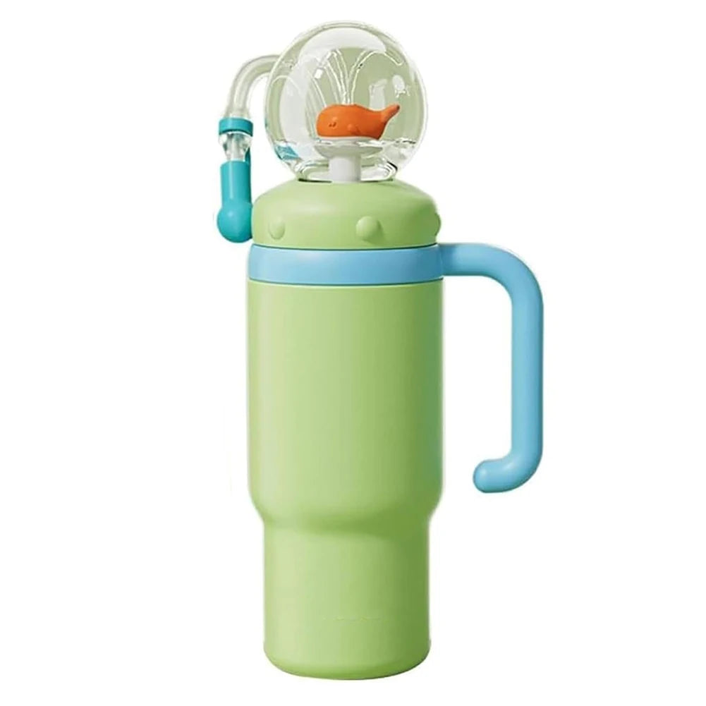 710ML Stainless Steel Whale Fountain Tumbler with Handle Leak Proof Whale Squirt Drinking Cup Water Bottle with Straw Creative G