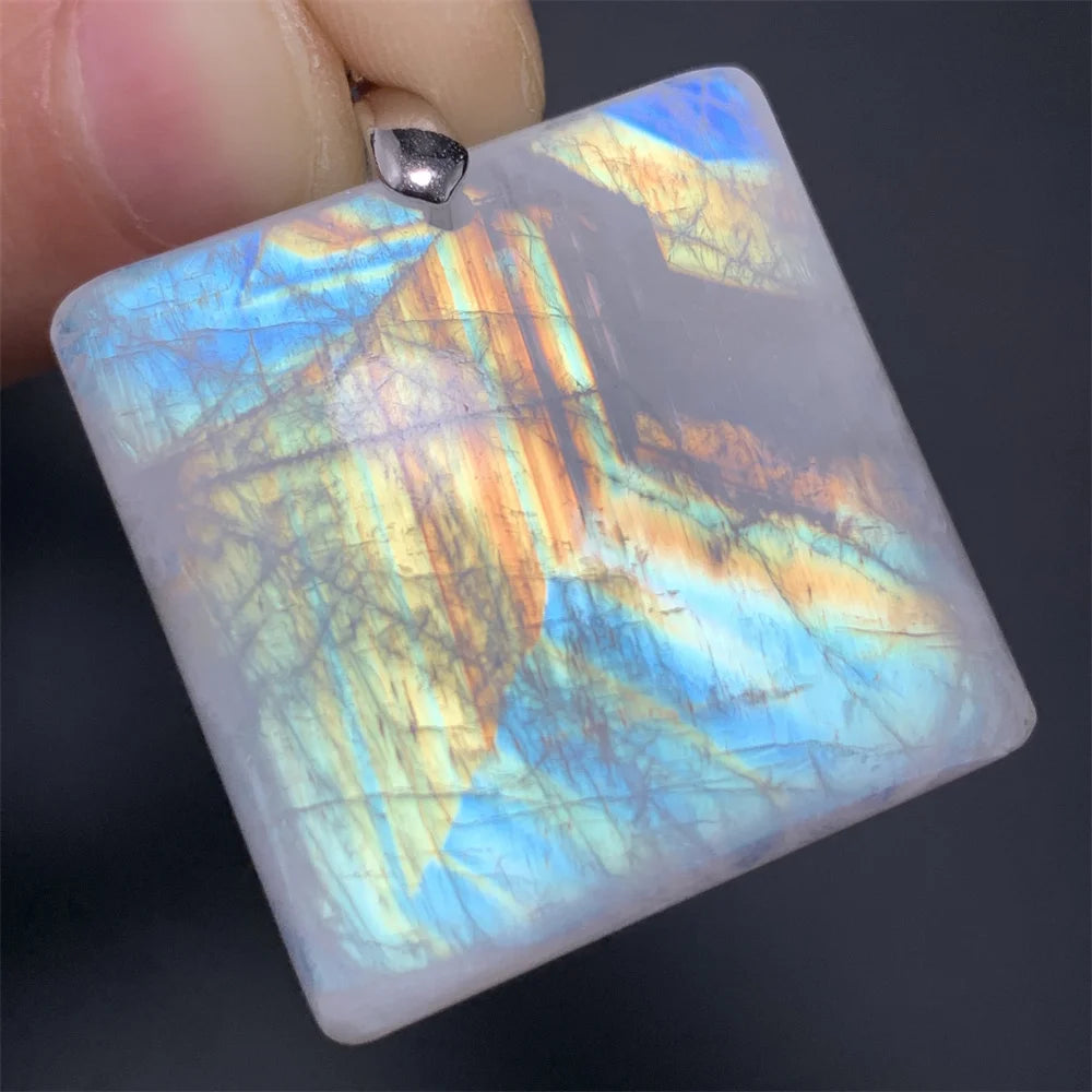 Natural Colorful Moonstone Pendants Necklaces Unusual Women Big Orange Blue Light Rainbow Moon Stones Bead Gemstone Jewelry S925