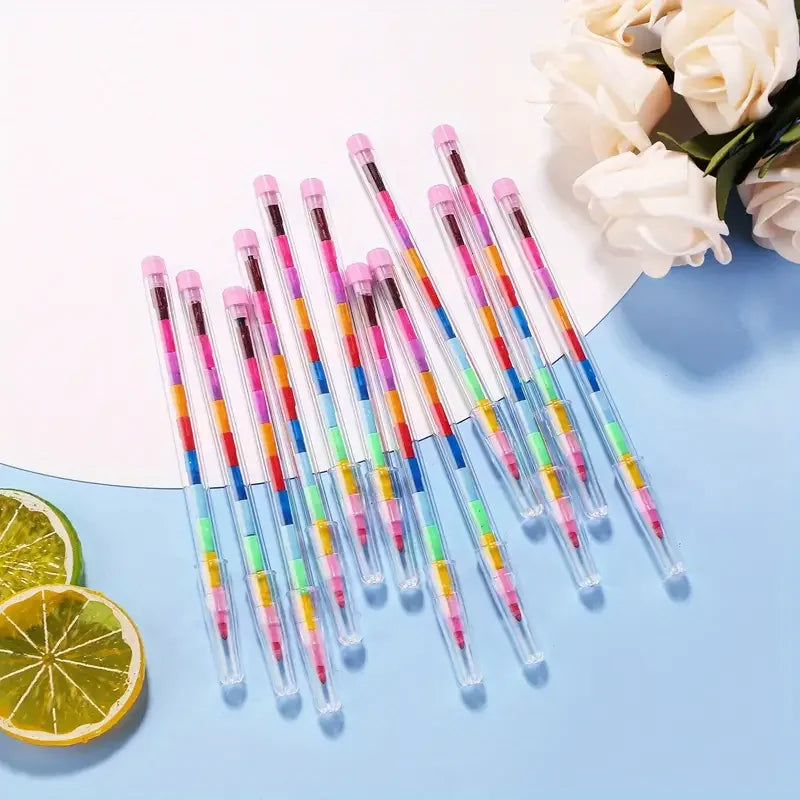 12Pcs/Set Colorful Building Blocks That Can Be Strung Together and Adjust in Height, Crayon Set with 11 Vibrant Colors, Vibrant Art and Craft Pens, Ideal for Birthday Parties, Back-To-School Supplies, and Reward Gifts