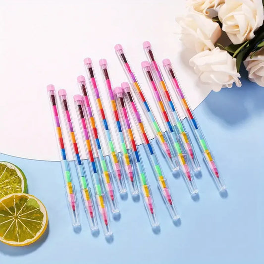 12Pcs/Set Colorful Building Blocks That Can Be Strung Together and Adjust in Height, Crayon Set with 11 Vibrant Colors, Vibrant Art and Craft Pens, Ideal for Birthday Parties, Back-To-School Supplies, and Reward Gifts