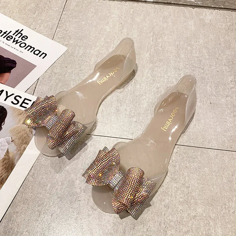 Comemore Jelly Shoes 2025 Women's Flat Fish Mouth Rhinestone Bow Beach Shoes Seaside Leisure Fashion Transparent Plastic Sandals